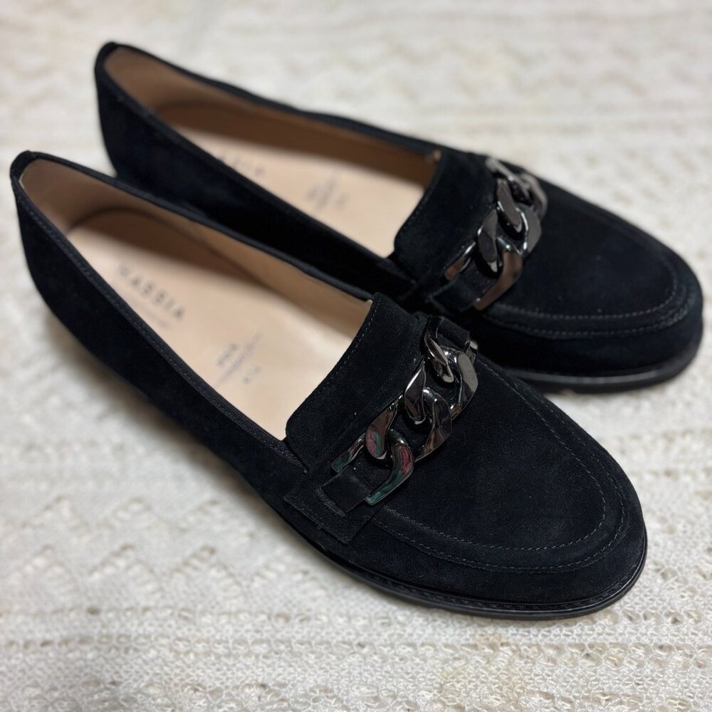 HASSIA Pisa Velour Suede Loafer Black Chain Accent Premium Comfort‎ Sz 9 G NWOB